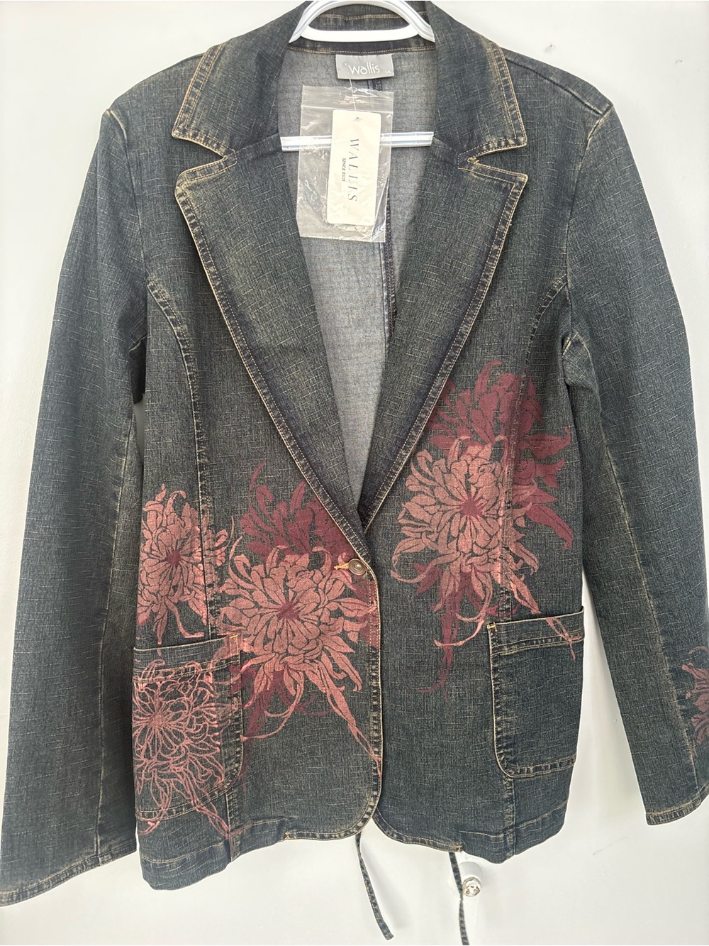 Wallis Black Denim Jacket with Pink Floral Motif
